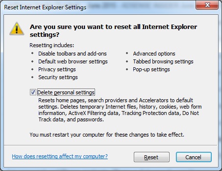 nulstille internet explorer